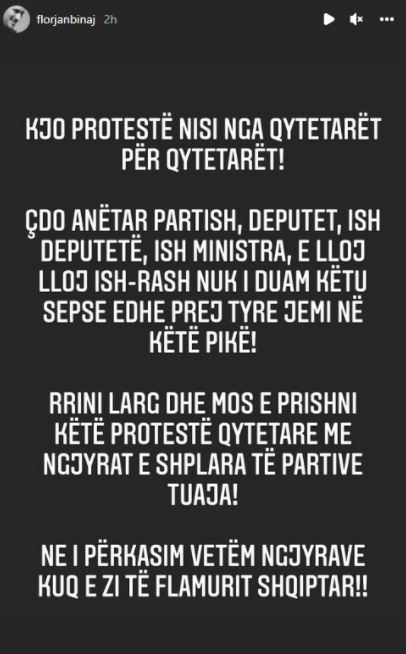Florjan Binaj thirrje politikanëve: Qëndroni larg, protesta ka vetëm ngjyrat kuq e zi Florjan Binaj thirrje politikanëve: Qëndroni larg, protesta ka vetëm ngjyrat kuq e zi