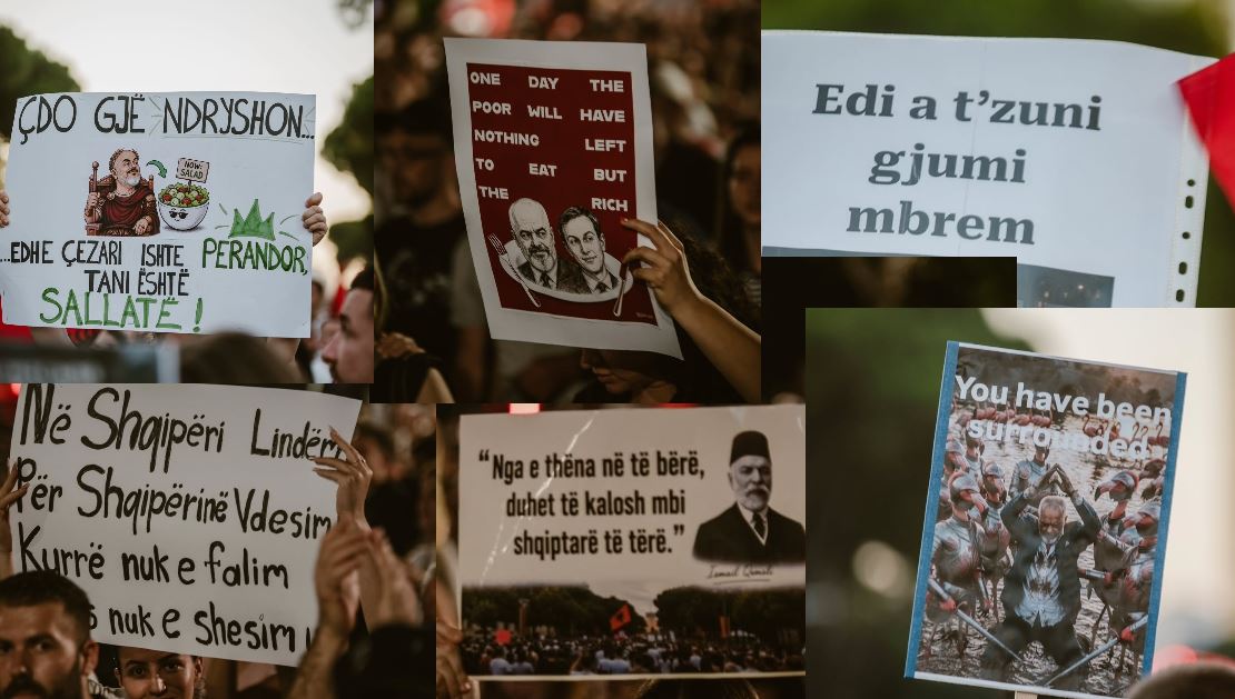FOTOLAJM/ Dje protestë historike me pjesëmarrje si kurrë më parë! Kërkohet dorëheqja e Ramës, qytetarët “ngrenë zërin” me pankarta-meme: Mos e kruaj me miletin! 9 111111111111111111111