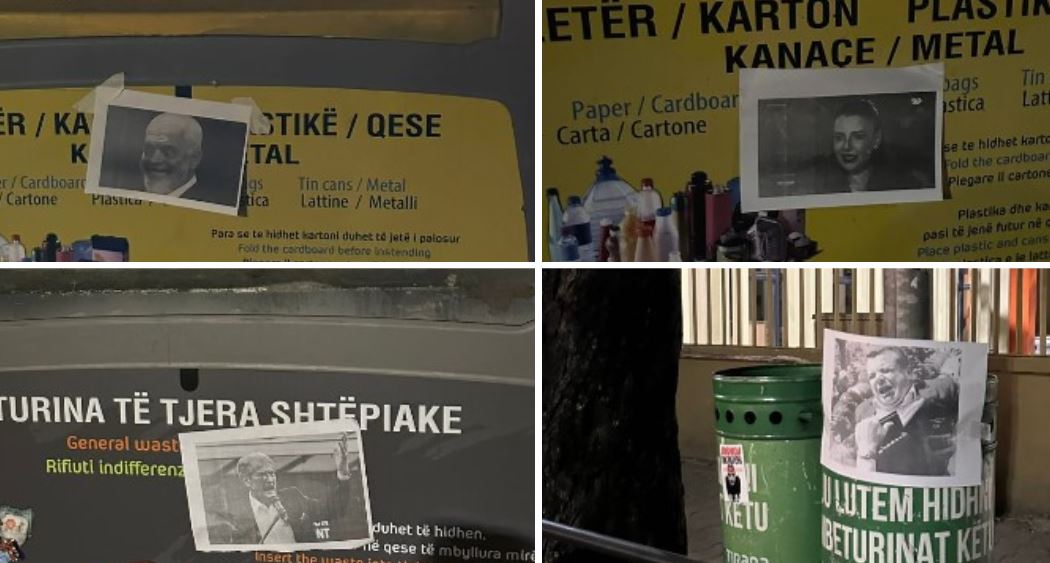 FOTOLAJM/ Qytetarët “hedhin” në mbeturina politikën! Protestuesit ngjisin fotot e Ramës, Berishës e Ballukut mbi kazanët e plehrave 5 ertertertertertertertertetertererterert